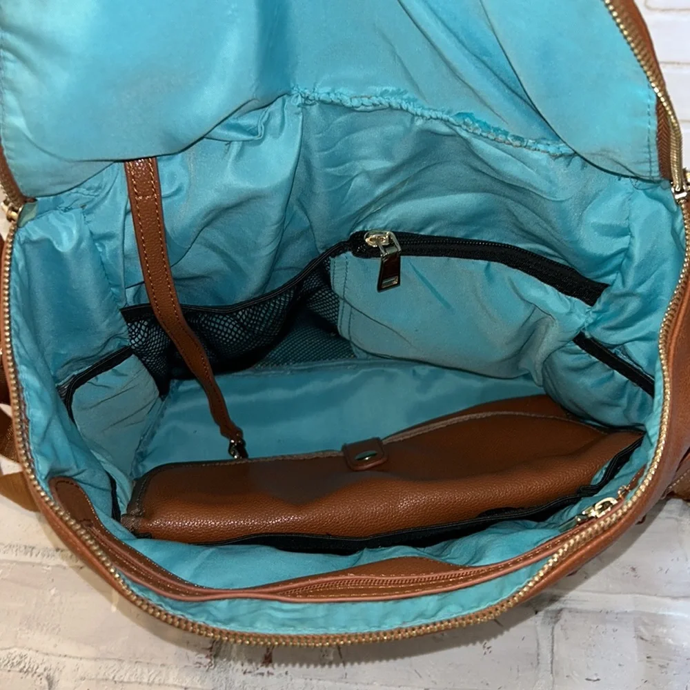 Faux leather brown cognac tan large backpack diaper bag